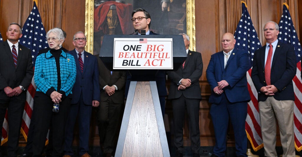Flanked by fellow House Republicans, House Speaker Mike Johnson, R-La., speaks at a press conference celebrating passage of the One Big Beautiful Bill Act on May 22.