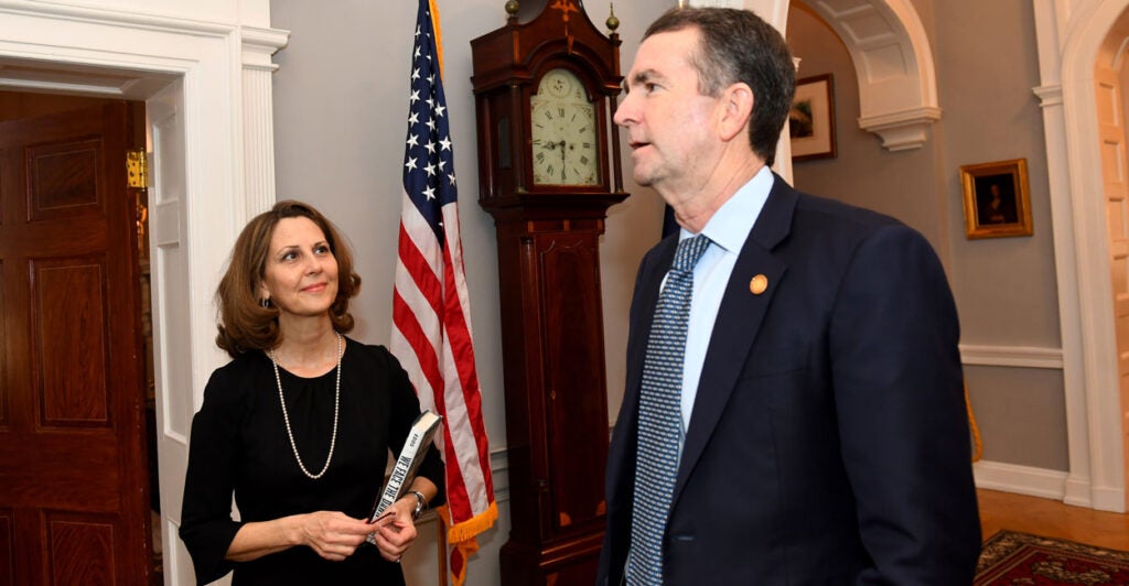 Pamela Northam—seen here on Feb. 9, 2019, with her husband, then-Virginia Gov. Ralph Northam, at the Governor's Mansion in Richmond, Va.—is seen as a potential Democratic candidate for Virginia's 2nd Congressional District seat.