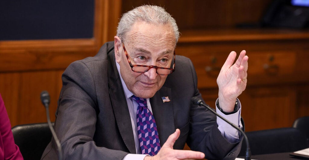 Chuck Schumer sits at a table with a microphone in front of him and talks while gesturing with his hands.