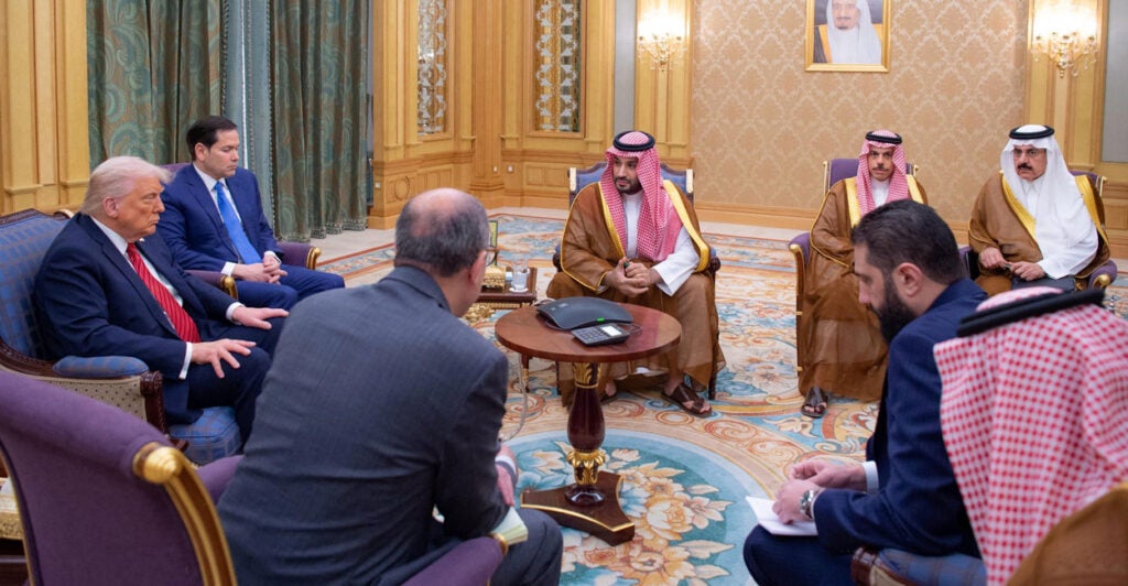 President Donald Trump and Secretary of State Marco Rubio confer with Saudi Crown Prince Mohammed bin Salman (center), Syrian President Ahmad al-Sharaa (right front) and others in Riyadh, Saudi Arabia, on Wednesday.
