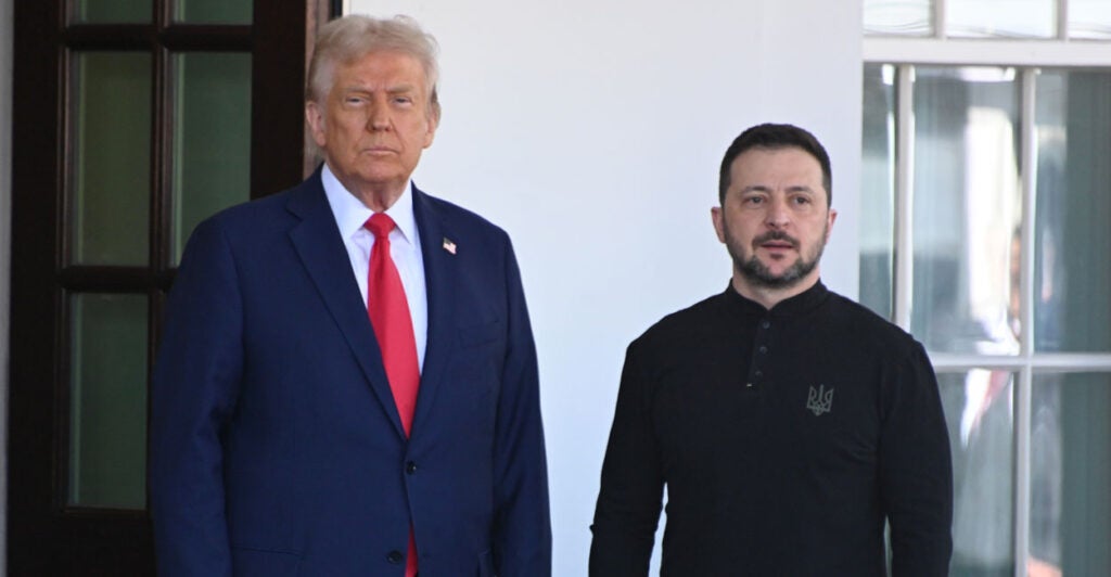 President Donald Trump greets Ukrainian president Volodymyr Zelensky at the White House.