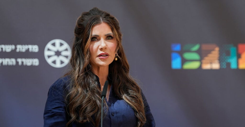 Homeland Security Secretary Kristi Noem speaks at a memorial event honoring slain Israeli Embassy employees Yaron Lischinsky and Sarah Milgrim in Jerusalem on Monday.