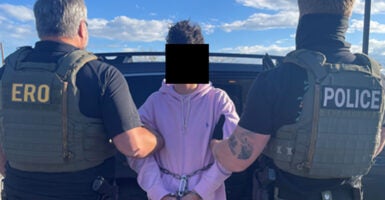 Two ICE agents, their backs turned toward the camera, hold a 16-year-old illegal immigrant in light purple hoodie. The teen's face is blacked out.