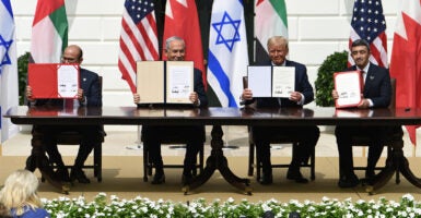 From left, Foreign Affairs Minister of Bahrain Abdullatif bin Rashid Al Zayani, Israeli Prime Minister of Israel Benjamin Netanyahu, President Donald Trump and Foreign Affairs Minister of the United Arab Emirates Abdullah bin Zayed Al Nahyan attend the signing ceremony of the Abraham Accords, at the White House on Sept. 15, 2020.
