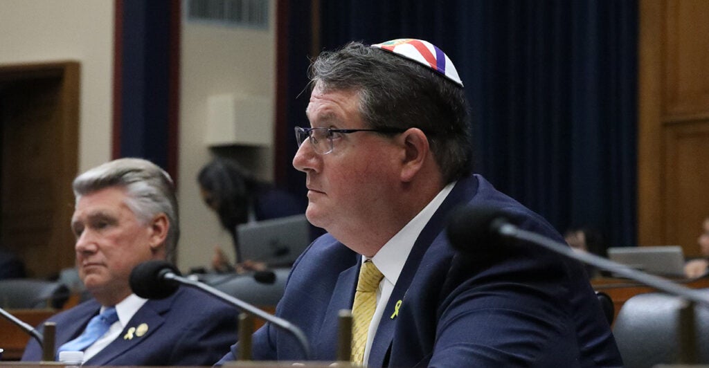 Rep. Randy Fine, R-Fla., who is Jewish, wears a yarmulke at a Hill hearing.