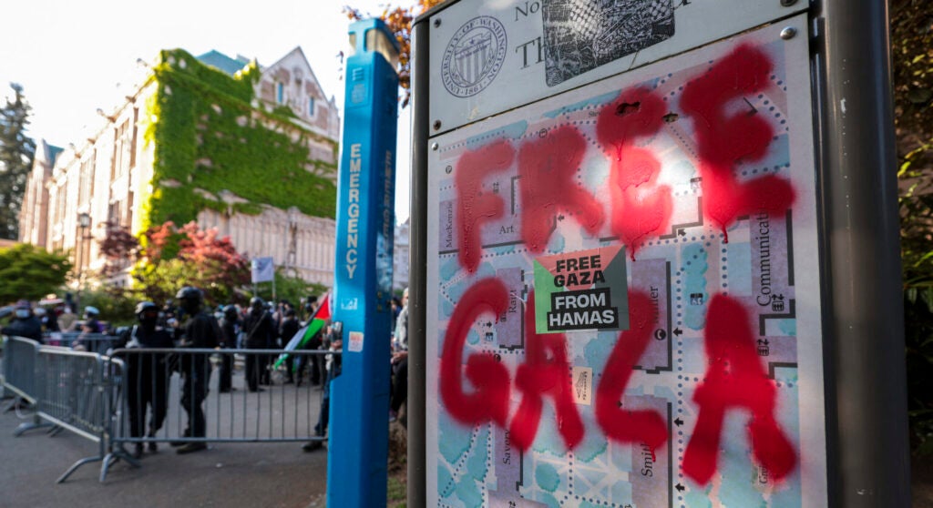"Free Gaza" is spray painted on a map of the University of Washington during a 2024 anti-Israel protest.