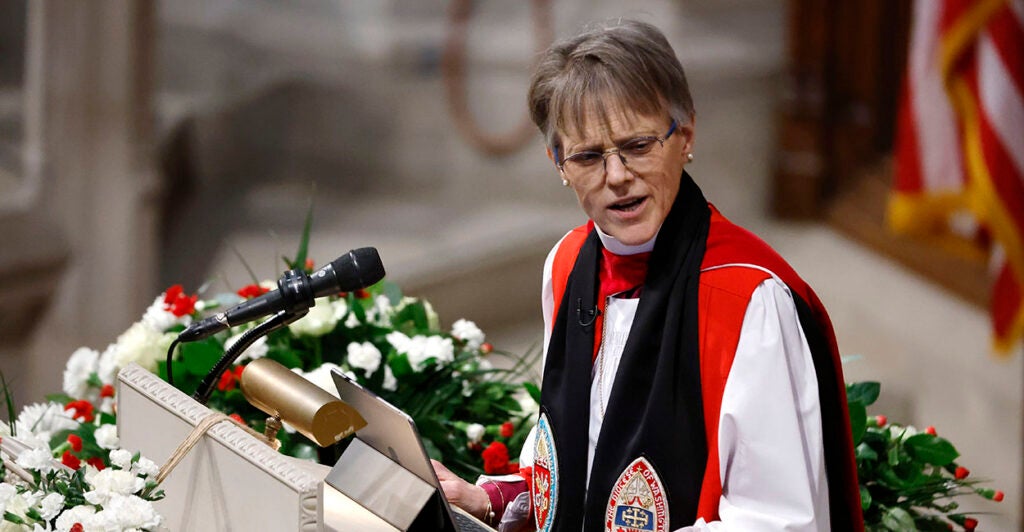 Episcopal Bishop Mariann Budde in robes at the National Cathedral