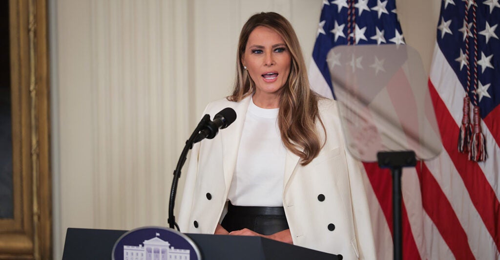 First lady Melania Trump speaks at the unveiling of a U.S. Postal Service stamp honoring a predecessor, the late former first lady Barbara Bush, at the White House on Thursday.
