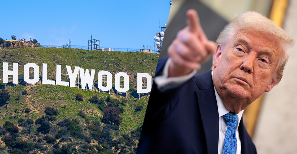 A split screen image with the Hollywood sign on the left and Trump pointing on the right.