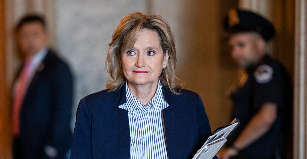 Sen. Cindy Hyde-Smith, R-Miss., is seen here leaving the Senate chamber after a vote on July 13, 2023.