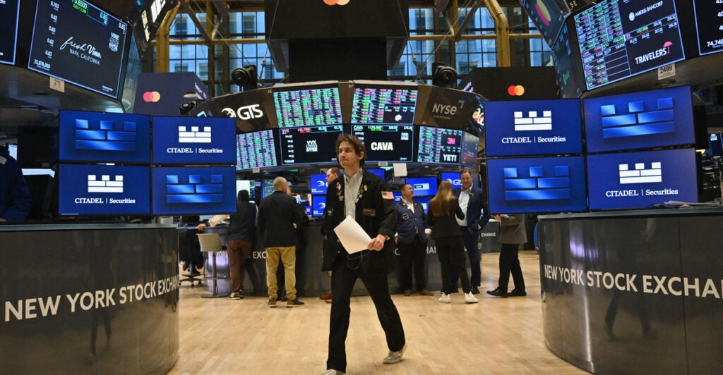 The floor of the New York Stock Exchange at the opening bell.
