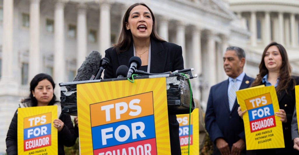 Rep. Alexandria Ocasio-Cortez speaks during a press conference advocating for temporary protected status for Ecuadorian immigrants outside the U.S. Capitol