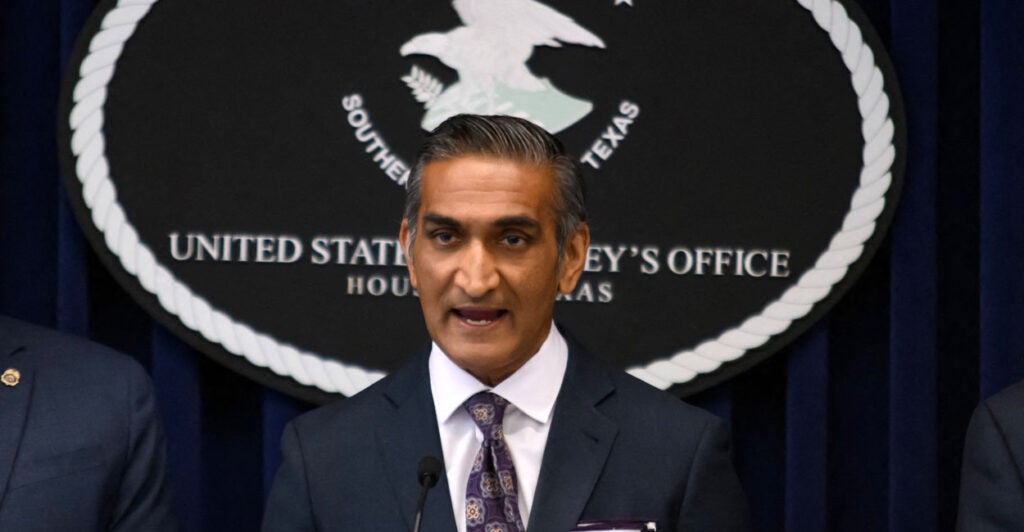 Then-U.S. Attorney for the Southern District of Texas Alamdar S. Hamdani, at a news conference in Houston, Texas, on April 1, 2024, announced that 41 individuals were indicted on charges of drug trafficking in the Houston and Galveston areas linked to the Jalisco New Generation Cartel.