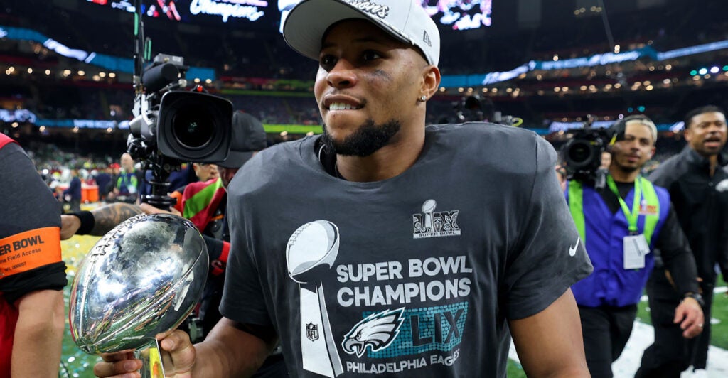 Saquon Barkley of the NFL's Philadelphia Eagles celebrates winning Super Bowl LIX on Feb. 9.
