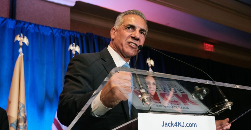 New Jersey GOP gubernatorial candidate Jack Ciattarelli speaks at a podium.
