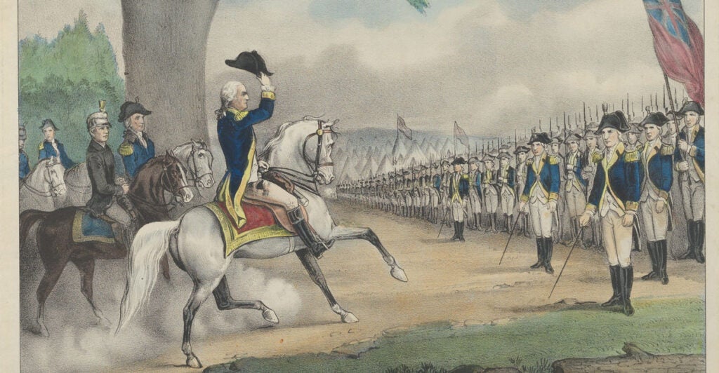 A Currier & Ives print of George Washington taking command of the Continental Army in 1775. Washington lifting his hat in salute.