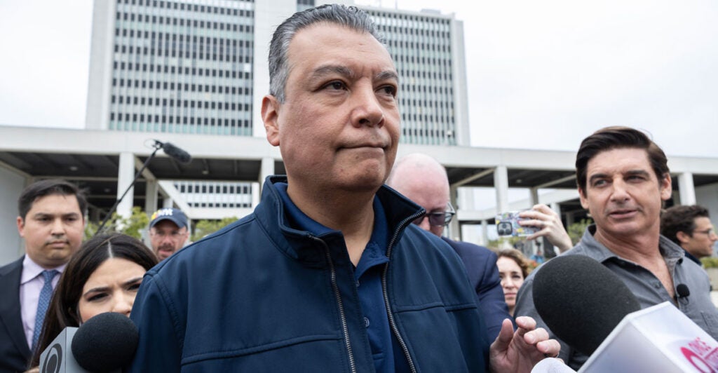 Sen. Alex Padilla, D-Calif., speaks at a press conference Thursday in Los Angeles.