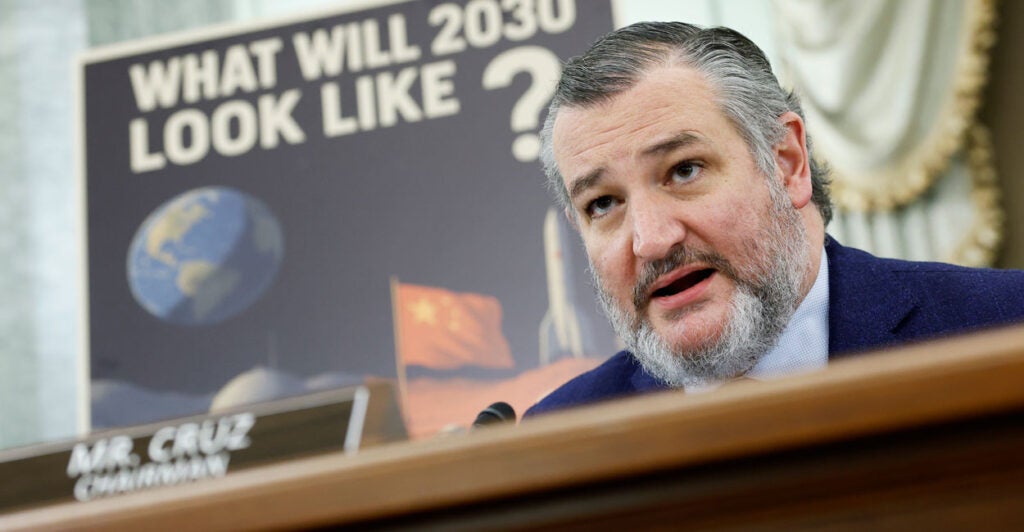 Sen. Ted Cruz, R-Texas, with a sign behind him reading "What will 2030 look like?"