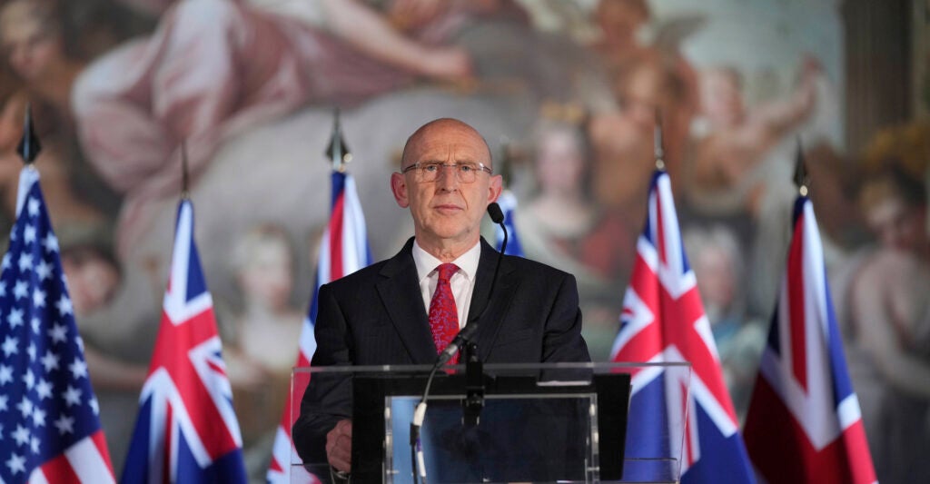 UK Defence Secretary John Healey speaks during a press conference at the AUKUS Defence Ministers Meeting at Old Royal Naval College, Greenwich, on September 26, 2024 in London, England. The AUKUS trilateral meeting of defence ministers from the UK, Australia and the US is held outside of the United States for the first time. Attending from the UK Defence Secretary, John Healey, Australian Deputy Prime Minister and Minister for Defence, Richard Marles, and US Secretary of Defense, Lloyd Austin.