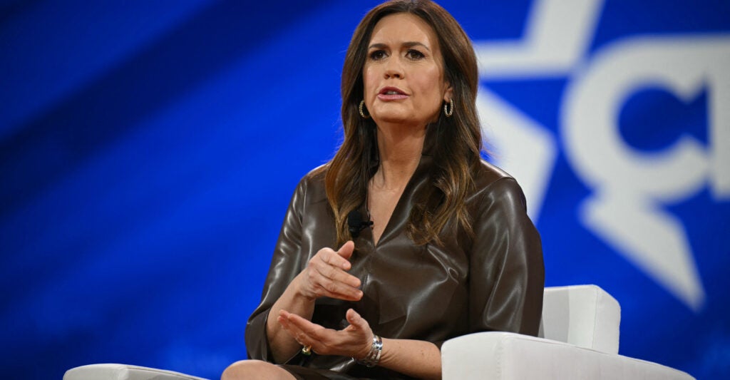 Arkansas Governor Sarah Huckabee Sanders speaks during the annual Conservative Political Action Conference (CPAC) at the Gaylord National Resort & Convention Center at National Harbor in Oxon Hill, Maryland, on February 22, 2025.
