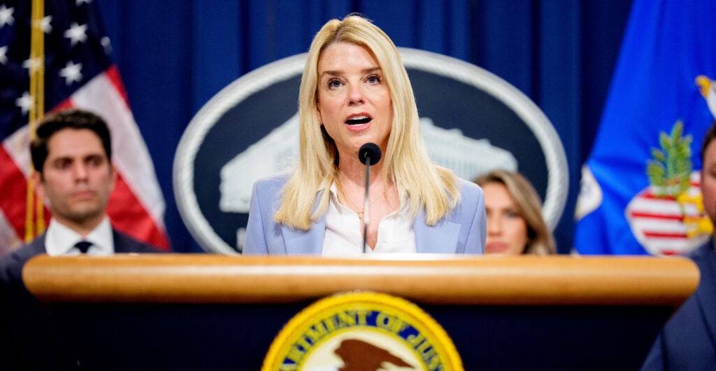Attorney General Pam Bondi speaks at an event to announce a drug trafficking bust.
