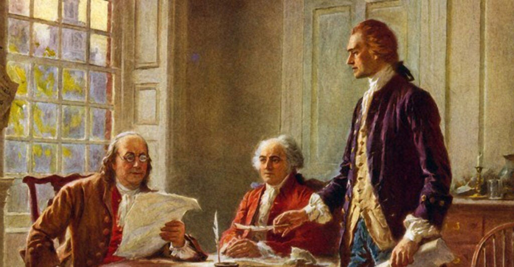 UNSPECIFIED - CIRCA 1754: Writing the Declaration of Independence, 1776': Benjamin Franklin, left, John Adams meeting at Thomas Jefferson's, standing, lodgings in Philadelphia to study a draft of the document. After the painting by J.L.G. Ferris (1863-1930)
