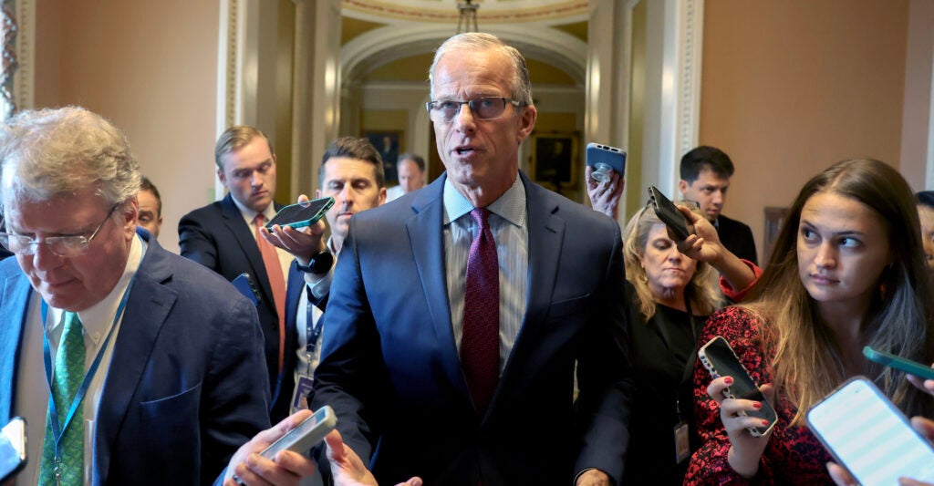 U.S. Senate Majority Leader John Thune (R-SD) speaks to reporters at the Capitol