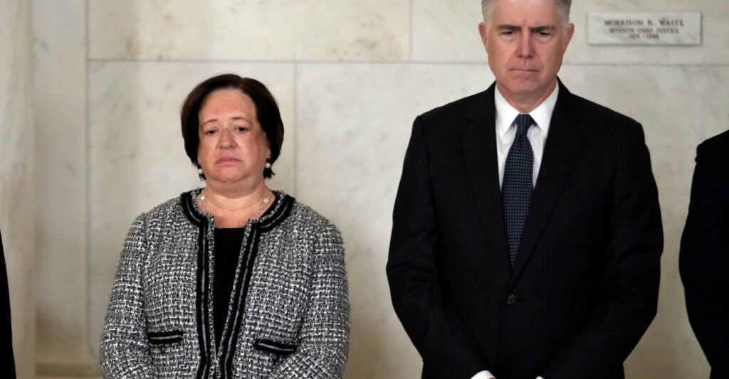Supreme Court Justice Elena Kagan and Justice Neil Gorsuch attend a private ceremony for retired Supreme Court Justice Sandra Day O'Connor before public repose in the Great Hall at the Supreme Courton December 18, 2023 in Washington, DC. O’Connor, the first woman appointed to be a justice on the U.S. Supreme Court, died at 93 on December 1.