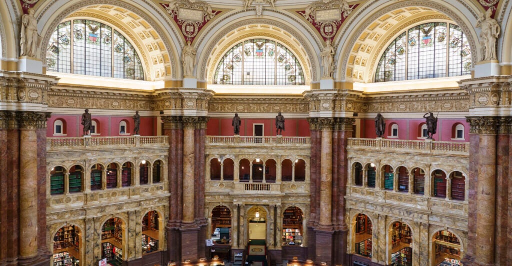 WASHINGTON, DC - JUNE 13: The Main Reading Room at the Library of Congress is seen from a lookout at the Thomas Jefferson Building on June 13, 2025 in Washington, DC.