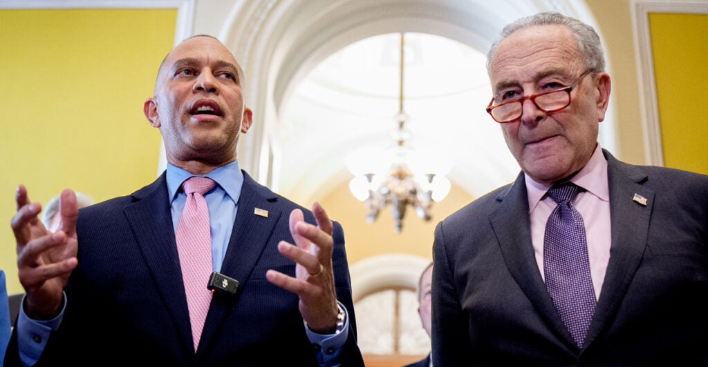House Minority Leader Hakeem Jeffries (left) and Senate Majority Leader Chuck Schumer, both D-N.Y., at the Capitol