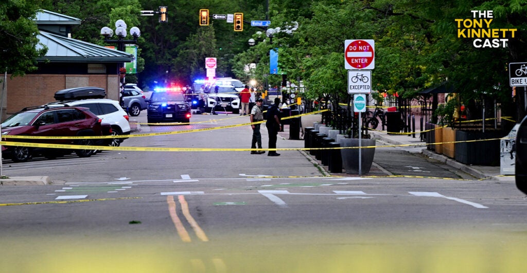 The scene of the Boulder, Colorado, terrorism attack, marked off with yellow police crime-scene tape