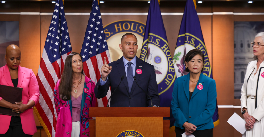 House Minority Leader Hakeem Jeffries (D-N.Y.) speaks at the US Capitol on June 24, 2025 for the third anniversary of the Supreme Court's decision in Dobbs v. Jackson (Tasos Katopodis/Getty Images)