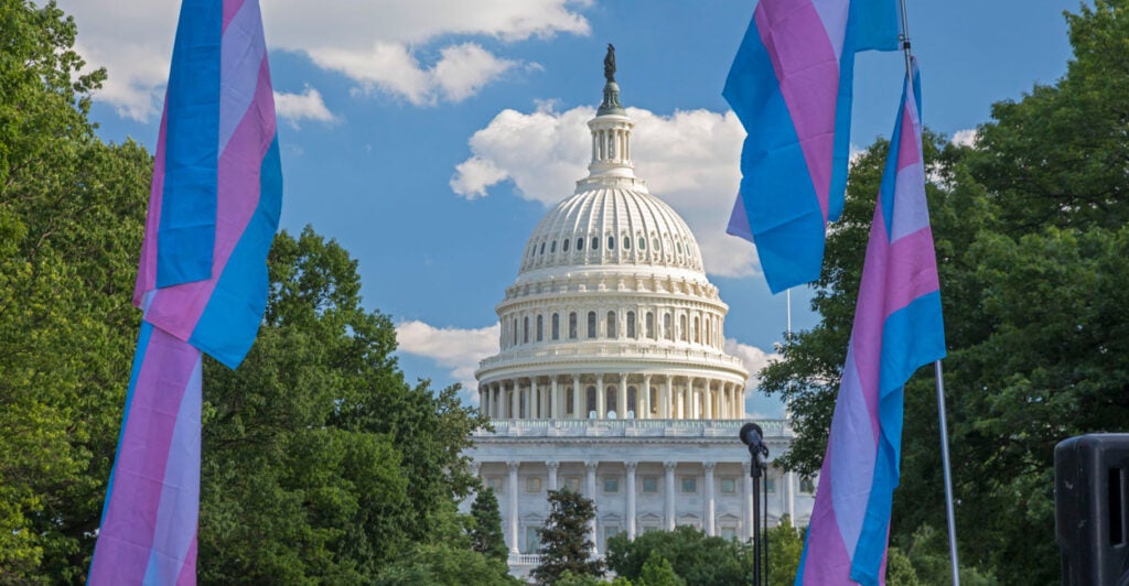 A view of the Capitol Dome framed by LGBTQ flags