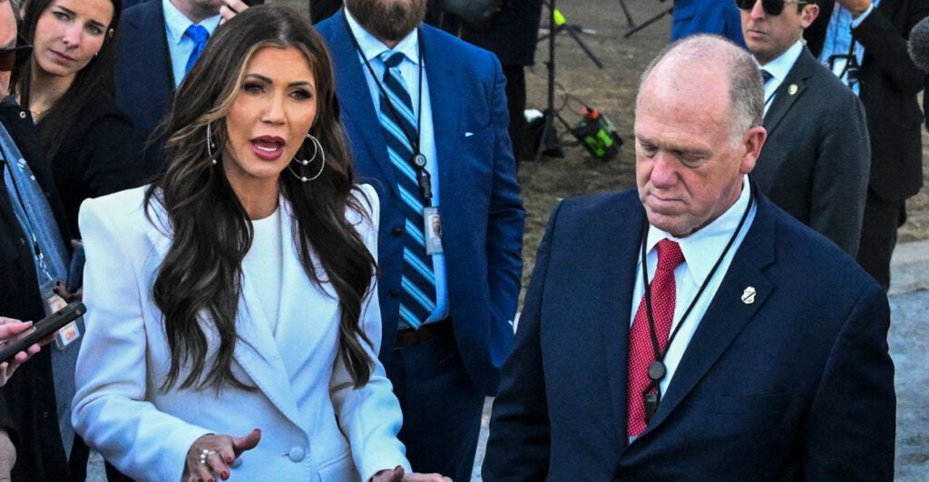 Secretary of Homeland Security Kristi Noem and White House 'border czar' Tom Homan speak to the press outside the White House