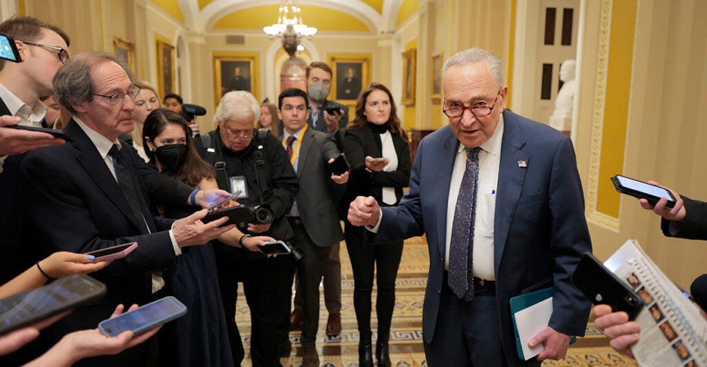 Sen. Chuck Schumer, D-N.Y., speaks to Capitol Hill reporters Tuesday.