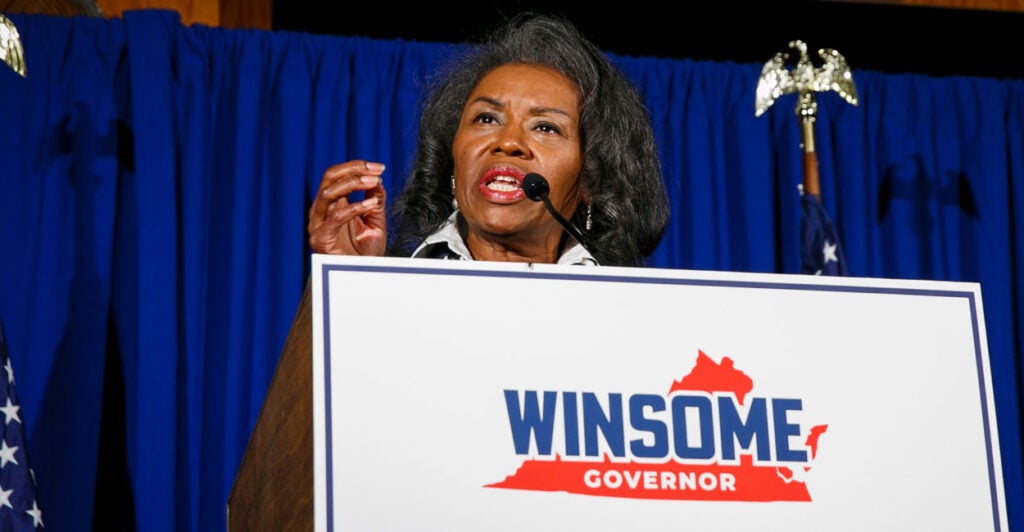 Virginia Republican gubernatorial candidate Winsome Earle-Sears speaking at a podium