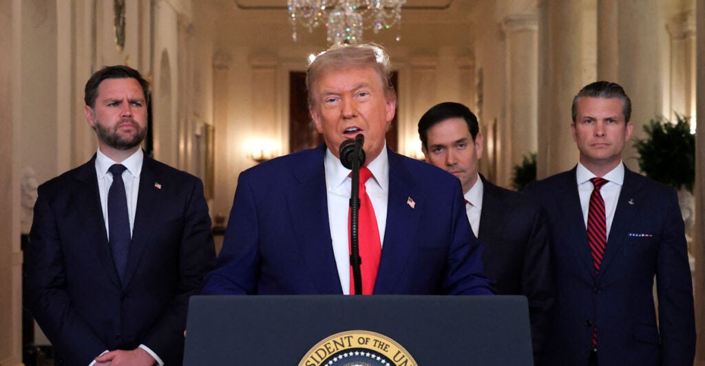 President Donald Trump addresses the nation on the U.S. airstrikes on Iran's nuclear facilities on June 21, as (from left) Vice President JD Vance, Secretary Marco Rubio, and Defense Secretary Pete Hegseth look on.