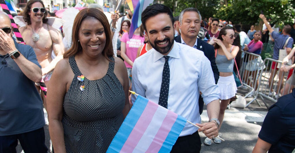 New York state Attorney General Letitia James and fellow far-left Democrat New York City mayoral candidate Zohran Mamdani attend the 2025 New York City Pride parade on Sunday.