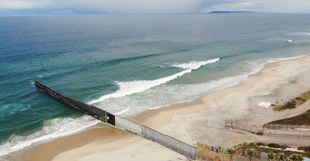 An aerial view of the U.S.-Mexico border wall separating San Diego County and Tijuana, Mexico, on April 5, 2019.