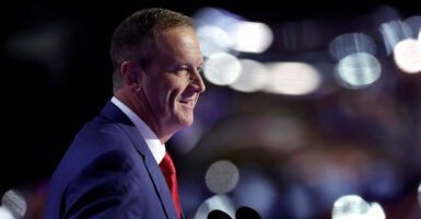Profile shot of Missouri Republican Sen. Eric Schmitt speaking at the 2024 RNC.