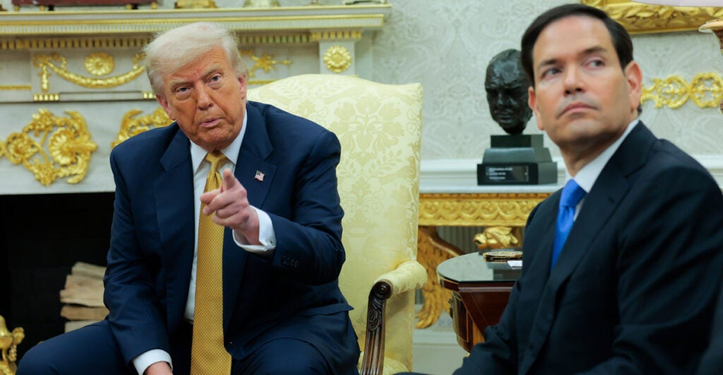 President Donald Trump speaks to reporters as Secretary of State Marco Rubio looks on during a meeting with the crown prince of Bahrain (not shown) at the White House on Wednesday.