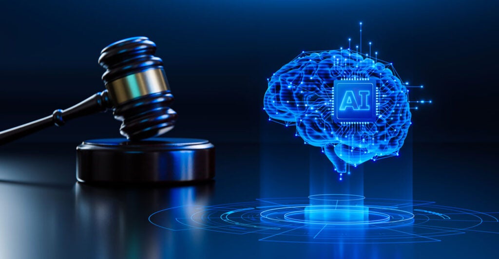Graphic of a blue mapped out brain with the letters AI in the middle and a gavel against a dark blue background.