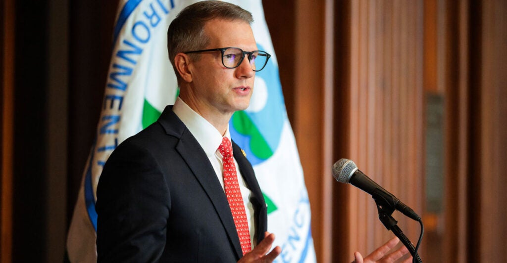 Rep. Riley Moore, R-W.Va., speaks at the Environmental Protection Agency in Washington on Feb. 18.