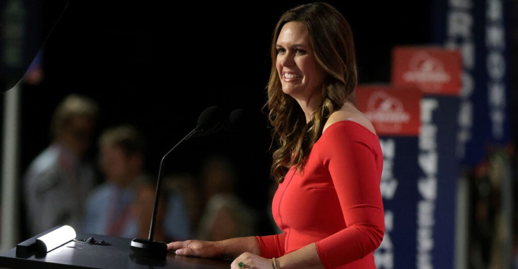 Arkansas Gov. Sarah Sanders speaks to the Republican National Convention on July 16, 2024, in Milwaukee, Wis.