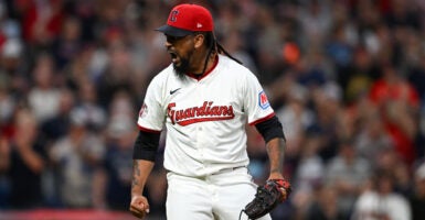 Cleveland's Emmanuel Clase celebrates win over Baltimore.