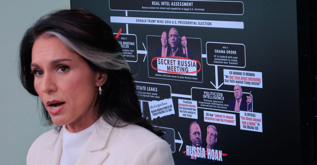 Director of National Intelligence Tulsi Gabbard talks to reporters in the Brady Press Briefing Room at the White House on Wednesday.