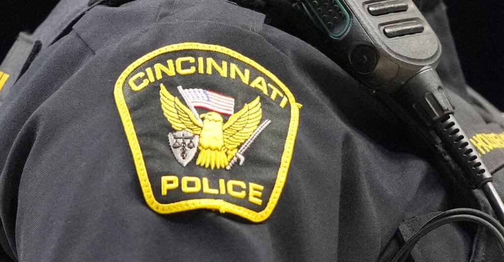 A Cincinnati Police patch on an officer's uniform.