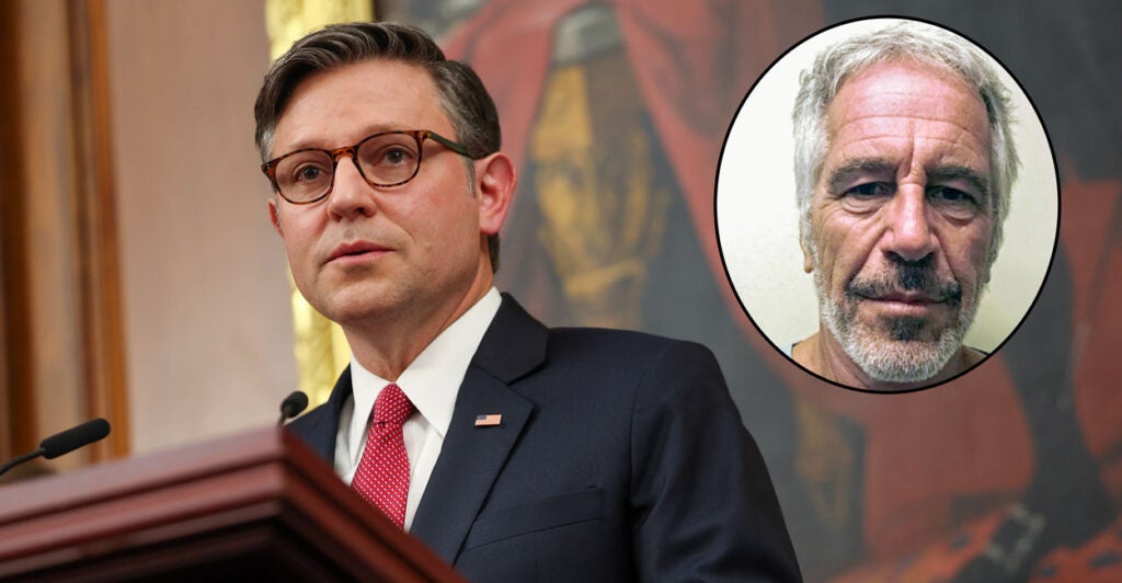 Speaker of the House Mike Johnson, R-La., with an image of the late Jeffrey Epstein (inset photo)