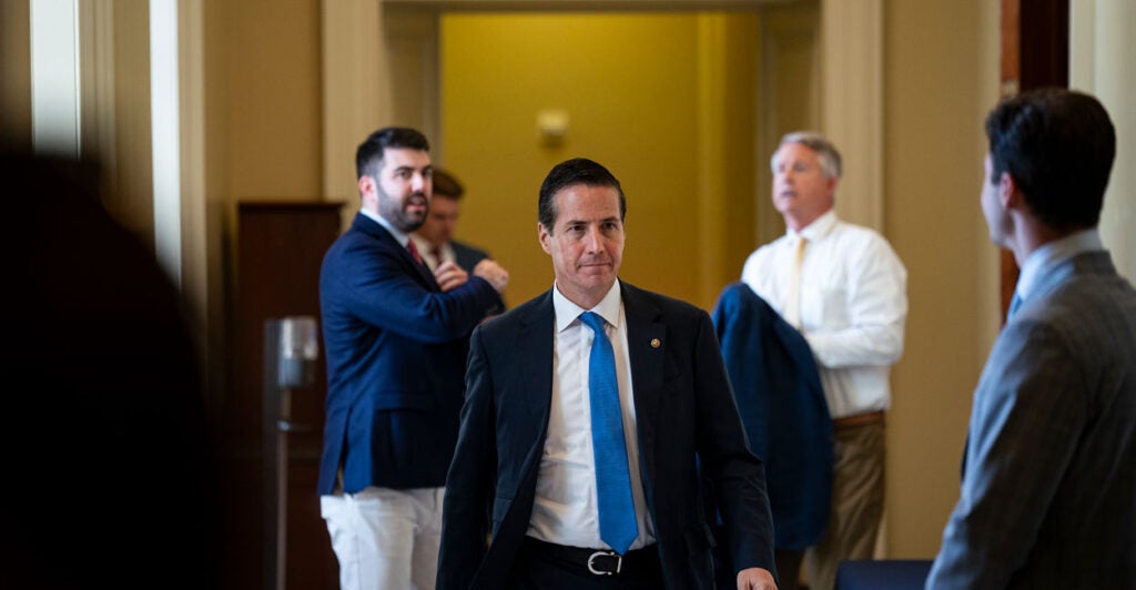 Sen. Bernie Moreno walks through halls of Congress.