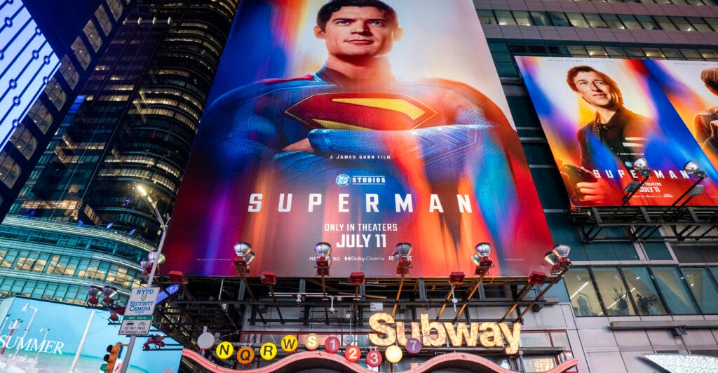 Billboards advertising the new "Superman" film are displayed in Times Square on July 09, 2025 in New York City.